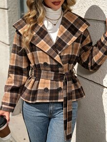 SHEIN 秋冬氛圍格紋大衣，大翻領連帽雙排扣束腰短款羊毛外套，辦公室棕色格紋優雅款 - 棕色 - 查看 4