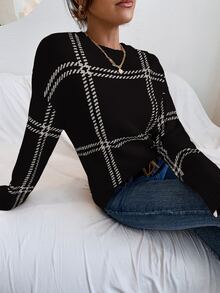 Calvaya Plaid Pattern Drop Shoulder Jumper - Black and White - View 5