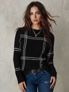 Calvaya Plaid Pattern Drop Shoulder Jumper - Black and White - View 3
