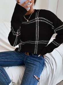 Calvaya Plaid Pattern Drop Shoulder Jumper - Black and White - View 8