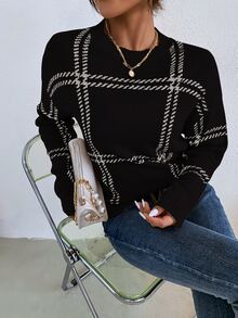 Calvaya Plaid Pattern Drop Shoulder Jumper - Black and White - View 7