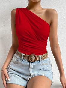 SHEIN One Shoulder Ruched Side Top For New Year Clothes - Red - View 5