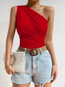 SHEIN One Shoulder Ruched Side Top For New Year Clothes - Red - View 7
