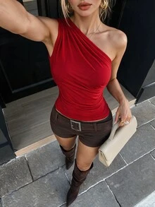 SHEIN One Shoulder Ruched Side Top For New Year Clothes - Red - View 2