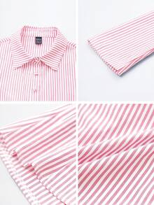 SHEIN 法式修身蓝白条纹优雅优雅办公室休闲长袖女衬衫 - 粉色 - 查看 11