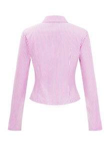 SHEIN 法式修身蓝白条纹优雅优雅办公室休闲长袖女衬衫 - 粉色 - 查看 10