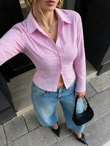 SHEIN 法式修身蓝白条纹优雅优雅办公室休闲长袖女衬衫 - 粉色 - 查看 2