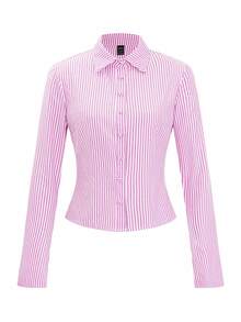SHEIN 法式修身蓝白条纹优雅优雅办公室休闲长袖女衬衫 - 粉色 - 查看 9