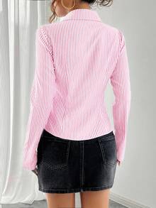 SHEIN 法式修身蓝白条纹优雅优雅办公室休闲长袖女衬衫 - 粉色 - 查看 4