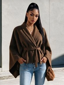 Eryvara Women's Fall/Winter Brown Shawl Collar Belted Cape Jacket, Long-Sleeve Waisted Crop Top, Chic Occasion Wear For Daily Commute Date - Brown - View 4