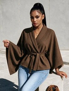 Eryvara Women's Fall/Winter Brown Shawl Collar Belted Cape Jacket, Long-Sleeve Waisted Crop Top, Chic Occasion Wear For Daily Commute Date - Brown - View 7
