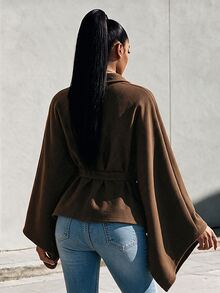 Eryvara Women's Fall/Winter Brown Shawl Collar Belted Cape Jacket, Long-Sleeve Waisted Crop Top, Chic Occasion Wear For Daily Commute Date - Brown - View 2