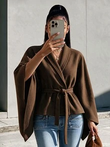 Eryvara Women's Fall/Winter Brown Shawl Collar Belted Cape Jacket, Long-Sleeve Waisted Crop Top, Chic Occasion Wear For Daily Commute Date - Brown - View 3