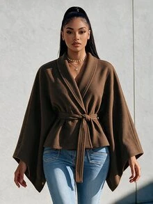Eryvara Women's Fall/Winter Brown Shawl Collar Belted Cape Jacket, Long-Sleeve Waisted Crop Top, Chic Occasion Wear For Daily Commute Date - Brown - View 6