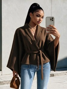 Eryvara Women's Fall/Winter Brown Shawl Collar Belted Cape Jacket, Long-Sleeve Waisted Crop Top, Chic Occasion Wear For Daily Commute Date - Brown - View 1