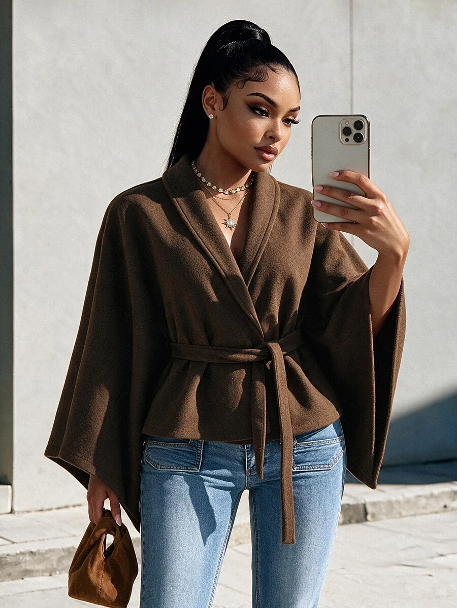 Eryvara Women's Fall/Winter Brown Shawl Collar Belted Cape Jacket, Long-Sleeve Waisted Crop Top, Chic Occasion Wear For Daily Commute Date - Brown - View 1