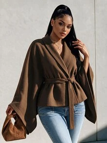 Eryvara Women's Fall/Winter Brown Shawl Collar Belted Cape Jacket, Long-Sleeve Waisted Crop Top, Chic Occasion Wear For Daily Commute Date - Brown - View 5