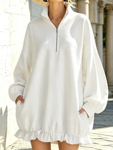 Trelyra Atasan Putih Model Sweatshirt Kerah Tegak dengan Resleting Setengah, Hem Bergelombang dan Patchwork, Atasan untuk Acara Santai, Blus Kasual, Atasan Peplum Wanita, Musim Semi, Musim Panas, Musim Gugur, dan Musim Dingin - Putih - View 6