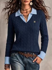 SHEIN Autumn Women's Sweater Metal Letter Badge Navy Blue 2 In 1 Polo Collar 3D Cable Knit Preppy Classic Classy Back-To-School Top Office - Navy Blue - View 4