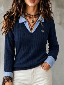 SHEIN Autumn Women's Sweater Metal Letter Badge Navy Blue 2 In 1 Polo Collar 3D Cable Knit Preppy Classic Classy Back-To-School Top Office - Navy Blue - View 3