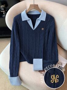 SHEIN Autumn Women's Sweater Metal Letter Badge Navy Blue 2 In 1 Polo Collar 3D Cable Knit Preppy Classic Classy Back-To-School Top Office - Navy Blue - View 6