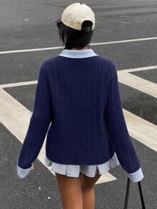 SHEIN Autumn Women's Sweater Metal Letter Badge Navy Blue 2 In 1 Polo Collar 3D Cable Knit Preppy Classic Classy Back-To-School Top Office - Navy Blue - View 9