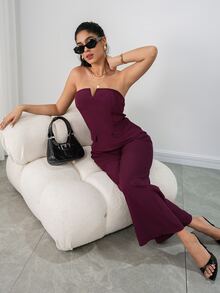 Ritzy Row Women's Deep Purple Summer Elegant Night Out Two-Piece Outfit,Strapless V-Neck Fitted Waist Back-Slung Vest,Long Elasticated Trousers,Casual Urban Set - Red Violet - View 7