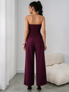 Ritzy Row Women's Deep Purple Summer Elegant Night Out Two-Piece Outfit,Strapless V-Neck Fitted Waist Back-Slung Vest,Long Elasticated Trousers,Casual Urban Set - Red Violet - View 6