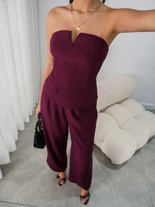 Ritzy Row Women's Deep Purple Summer Elegant Night Out Two-Piece Outfit,Strapless V-Neck Fitted Waist Back-Slung Vest,Long Elasticated Trousers,Casual Urban Set - Red Violet - View 8