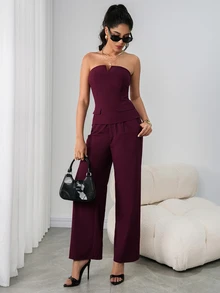 Ritzy Row Women's Deep Purple Summer Elegant Night Out Two-Piece Outfit,Strapless V-Neck Fitted Waist Back-Slung Vest,Long Elasticated Trousers,Casual Urban Set - Red Violet - View 10