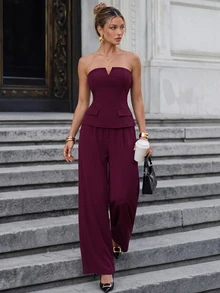 Ritzy Row Women's Deep Purple Summer Elegant Night Out Two-Piece Outfit,Strapless V-Neck Fitted Waist Back-Slung Vest,Long Elasticated Trousers,Casual Urban Set - Red Violet - View 3