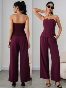 Ritzy Row Women's Deep Purple Summer Elegant Night Out Two-Piece Outfit,Strapless V-Neck Fitted Waist Back-Slung Vest,Long Elasticated Trousers,Casual Urban Set - Red Violet - View 4