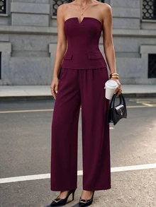 Ritzy Row Women's Deep Purple Summer Elegant Night Out Two-Piece Outfit,Strapless V-Neck Fitted Waist Back-Slung Vest,Long Elasticated Trousers,Casual Urban Set - Red Violet - View 2