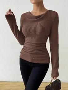 SHEIN Women Chocolate Brown Cowl Neck Ribbed Top,Elegant Autumn Asymmetrical Draped Ruched Fitted Long Sleeve T-Shirt For Work,Vintage Textured Fall Cloth - Brown - View 9
