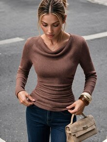 SHEIN Women Chocolate Brown Cowl Neck Ribbed Top,Elegant Autumn Asymmetrical Draped Ruched Fitted Long Sleeve T-Shirt For Work,Vintage Textured Fall Cloth - Brown - View 4