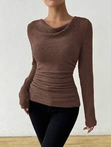 SHEIN Women Chocolate Brown Cowl Neck Ribbed Top,Elegant Autumn Asymmetrical Draped Ruched Fitted Long Sleeve T-Shirt For Work,Vintage Textured Fall Cloth - Brown - View 10