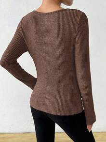 SHEIN Women Chocolate Brown Cowl Neck Ribbed Top,Elegant Autumn Asymmetrical Draped Ruched Fitted Long Sleeve T-Shirt For Work,Vintage Textured Fall Cloth - Brown - View 5