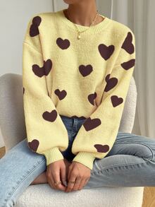 SHEIN PariChic Sweater Kasual Longgar Lengan Panjang Model Bahu Jatuh Motif Hati untuk Wanita - MultiWarna - View 3