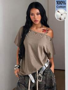 Coolane Women's Fall Comfortable Streetwear Y2K Casual Taupe Brown Cold Shoulder Oversized Grommet Detail Distressed Cotton T-Shirt - Brown - View 1