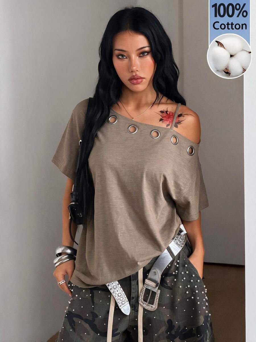 Coolane Women's Fall Comfortable Streetwear Y2K Casual Taupe Brown Cold Shoulder Oversized Grommet Detail Distressed Cotton T-Shirt - Brown - View 1