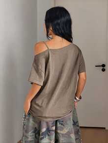 Coolane Women's Fall Comfortable Streetwear Y2K Casual Taupe Brown Cold Shoulder Oversized Grommet Detail Distressed Cotton T-Shirt - Brown - View 6