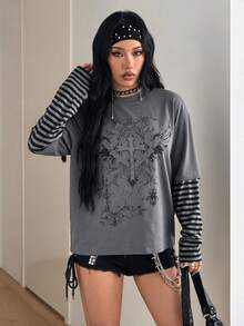 Coolane 女款秋冬街頭風炭灰色寬鬆長袖棉混紡圖案印花T恤，條紋袖設計 - 深灰色 - 查看 3