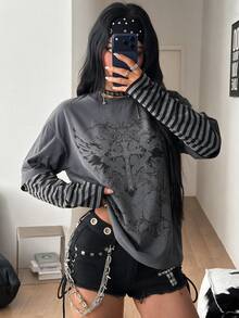 Coolane 女款秋冬街頭風炭灰色寬鬆長袖棉混紡圖案印花T恤，條紋袖設計 - 深灰色 - 查看 4