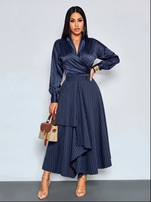 SOLERSUN Old Money Style Navy Blue Stripe Casual Elegant Office Party Academic Vintage Asymmetrical Skirt For Commuting Graduation Back To School Season Fall - Navy Blue - View 9
