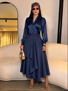 SOLERSUN Old Money Style Navy Blue Stripe Casual Elegant Office Party Academic Vintage Asymmetrical Skirt For Commuting Graduation Back To School Season Fall - Navy Blue - View 5
