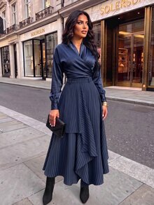 SOLERSUN Old Money Style Navy Blue Stripe Casual Elegant Office Party Academic Vintage Asymmetrical Skirt For Commuting Graduation Back To School Season Fall - Navy Blue - View 8