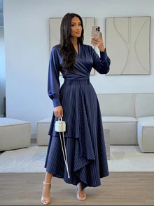 SOLERSUN Old Money Style Navy Blue Stripe Casual Elegant Office Party Academic Vintage Asymmetrical Skirt For Commuting Graduation Back To School Season Fall - Navy Blue - View 2