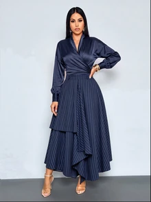 SOLERSUN Old Money Style Navy Blue Stripe Casual Elegant Office Party Academic Vintage Asymmetrical Skirt For Commuting Graduation Back To School Season Fall - Navy Blue - View 7
