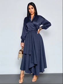 SOLERSUN Old Money Style Navy Blue Stripe Casual Elegant Office Party Academic Vintage Asymmetrical Skirt For Commuting Graduation Back To School Season Fall - Navy Blue - View 4