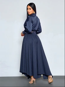 SOLERSUN Old Money Style Navy Blue Stripe Casual Elegant Office Party Academic Vintage Asymmetrical Skirt For Commuting Graduation Back To School Season Fall - Navy Blue - View 3